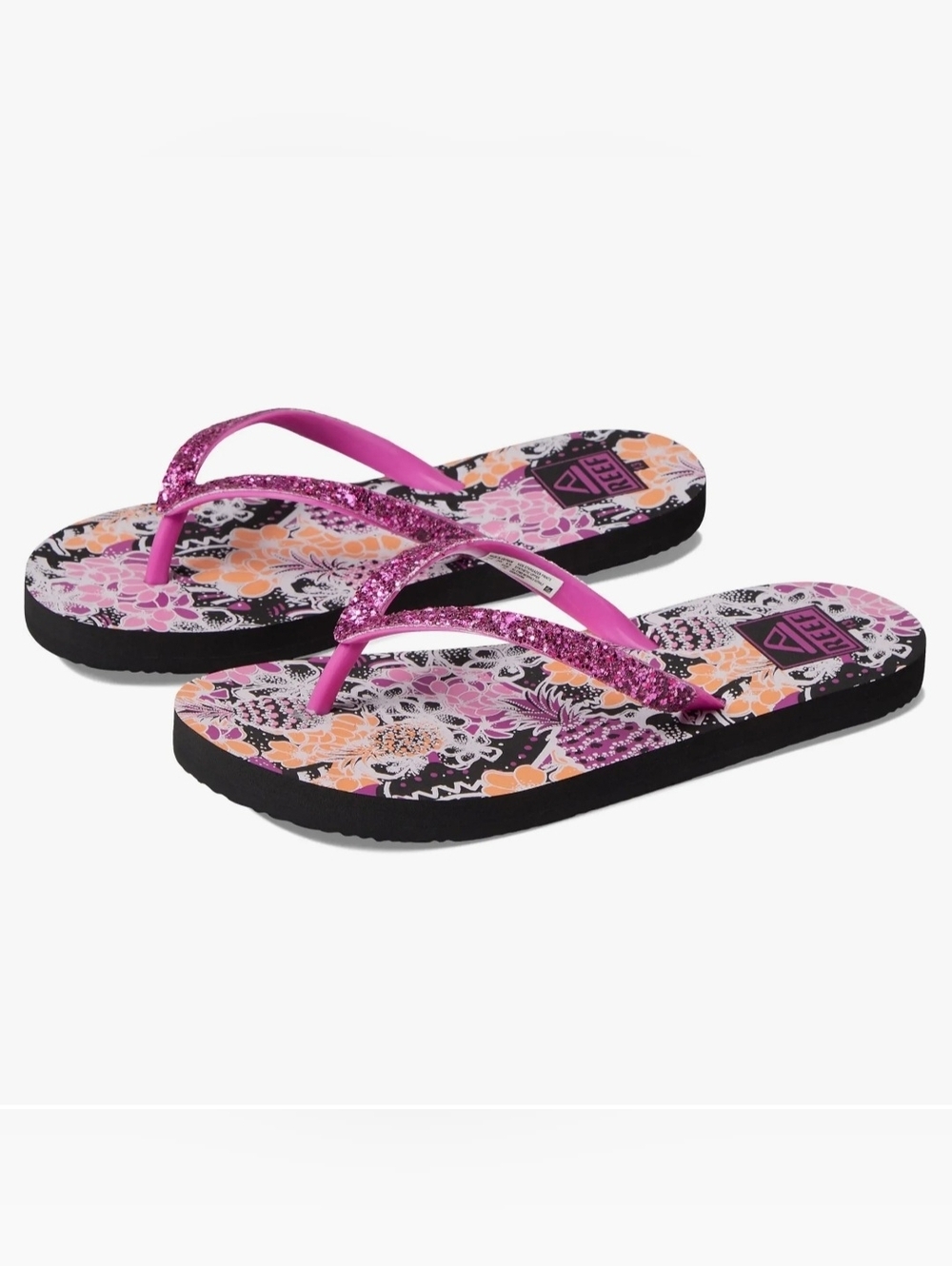 Reef Kids Stargazer Print Pineapple Floral Pink Glitter Strap Flip Flops Size 1
